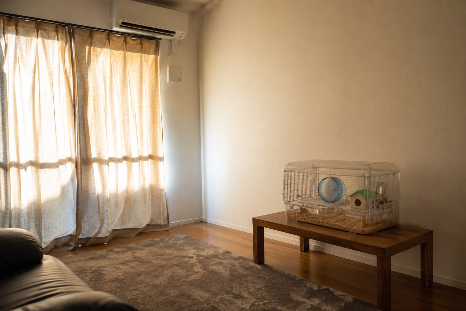 誰もいない夏の部屋で、エアコンが運転したままケージが置かれている構図。カーテンが引かれて直射日光が入らないようにしてある、静かな室内の写真