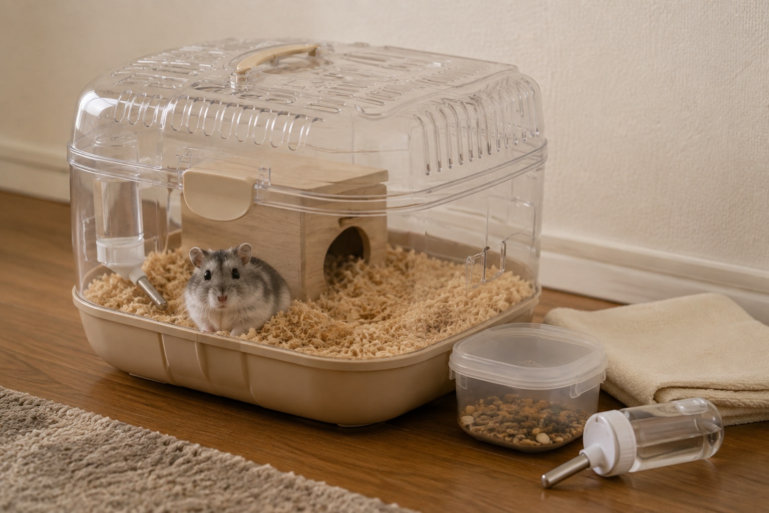 小動物用のキャリーケースに入って移動の準備をしているハムスターと、そばに置かれた小さな給水ボトル・少量のエサが分かる構図。車内ではなく屋内で準備している場面