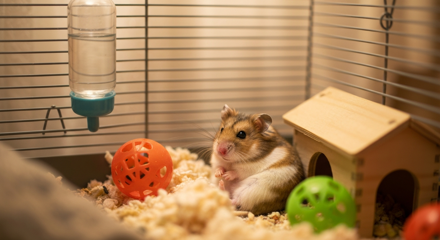 1匹のジャンガリアンハムスターが専用ケージの中でくつろいでいる様子。単独飼育の基本イメージ